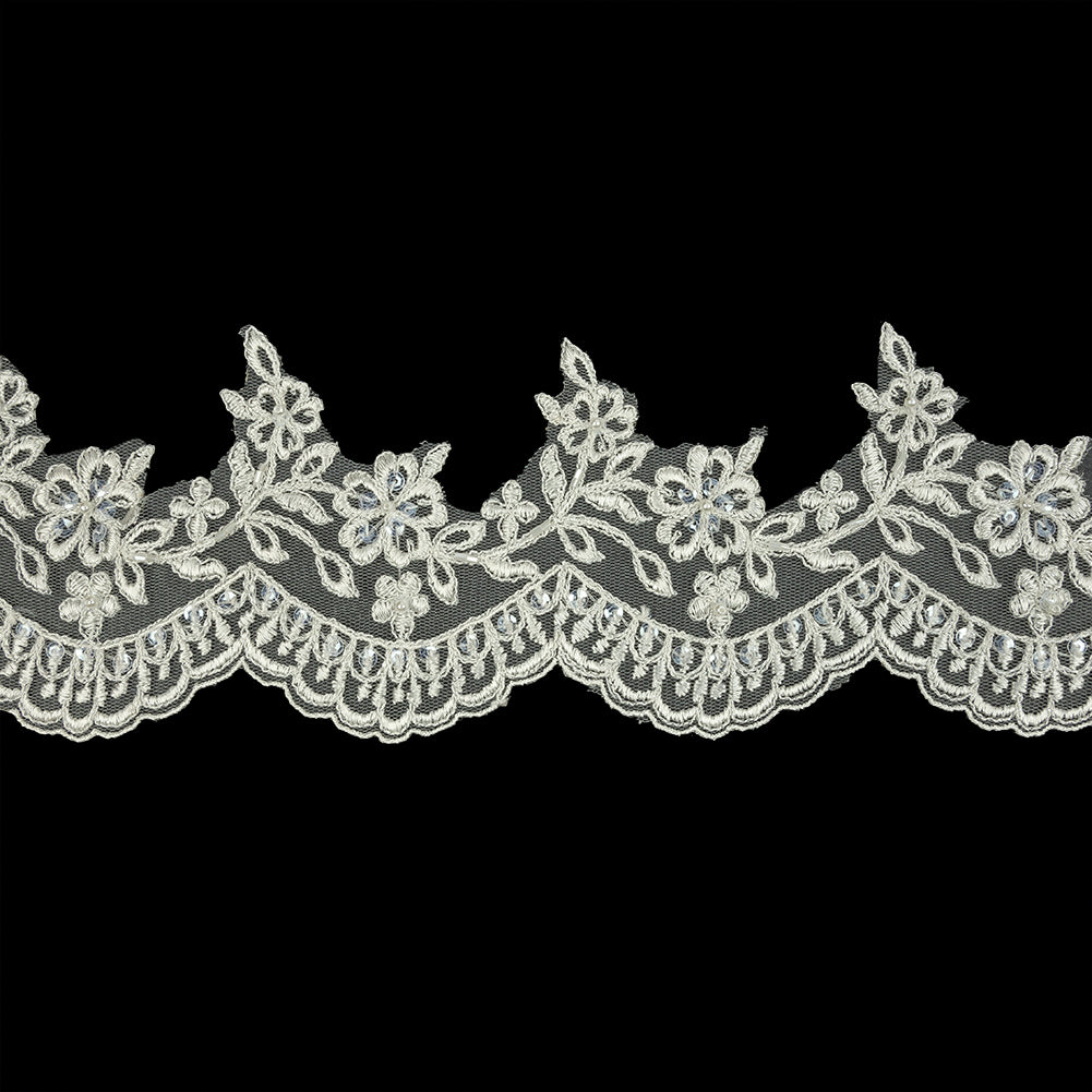 Off White and Striped Metallic Silver Floral and Scalloped Edge Corded Bridal Lace Trim with Sequins and Faux Pearl Beads - 3.5" Off White and Striped Metallic Silver Floral and Scalloped Edge Corded Bridal Lace Trim with Sequins and Faux Pearl Beads - 3.5"