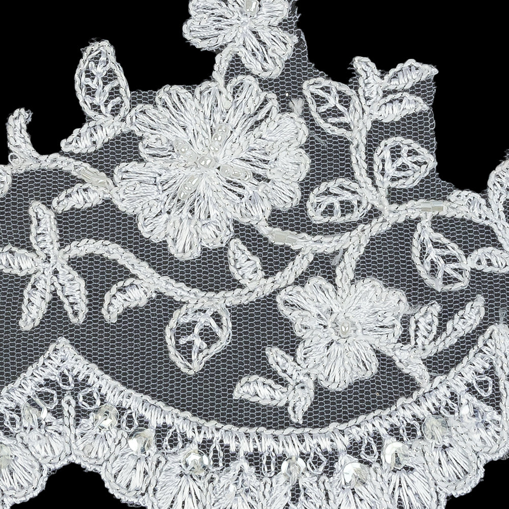 White and Metallic Silver Floral Sequins and Beaded Bridal Lace Trim with Scalloped Edge - 4.5" Detail White and Metallic Silver Floral Sequins and Beaded Bridal Lace Trim with Scalloped Edge - 4.5" Detail