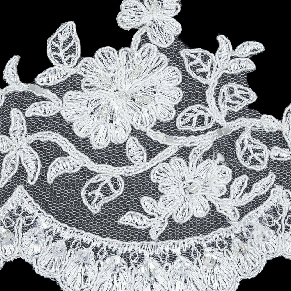 White Floral Corded, Sequins and Beaded Bridal Lace Trim with Scalloped Edge - 4.5" Detail White Floral Corded, Sequins and Beaded Bridal Lace Trim with Scalloped Edge - 4.5" Detail