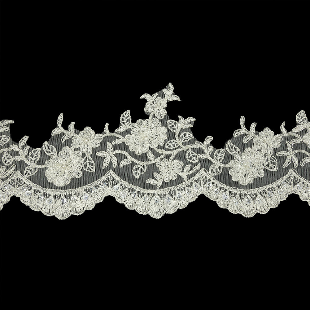 Off White and Striped Metallic Silver Floral Sequins and Beaded Bridal Lace Trim with Scalloped Edge - 4.5" Off White and Striped Metallic Silver Floral Sequins and Beaded Bridal Lace Trim with Scalloped Edge - 4.5"