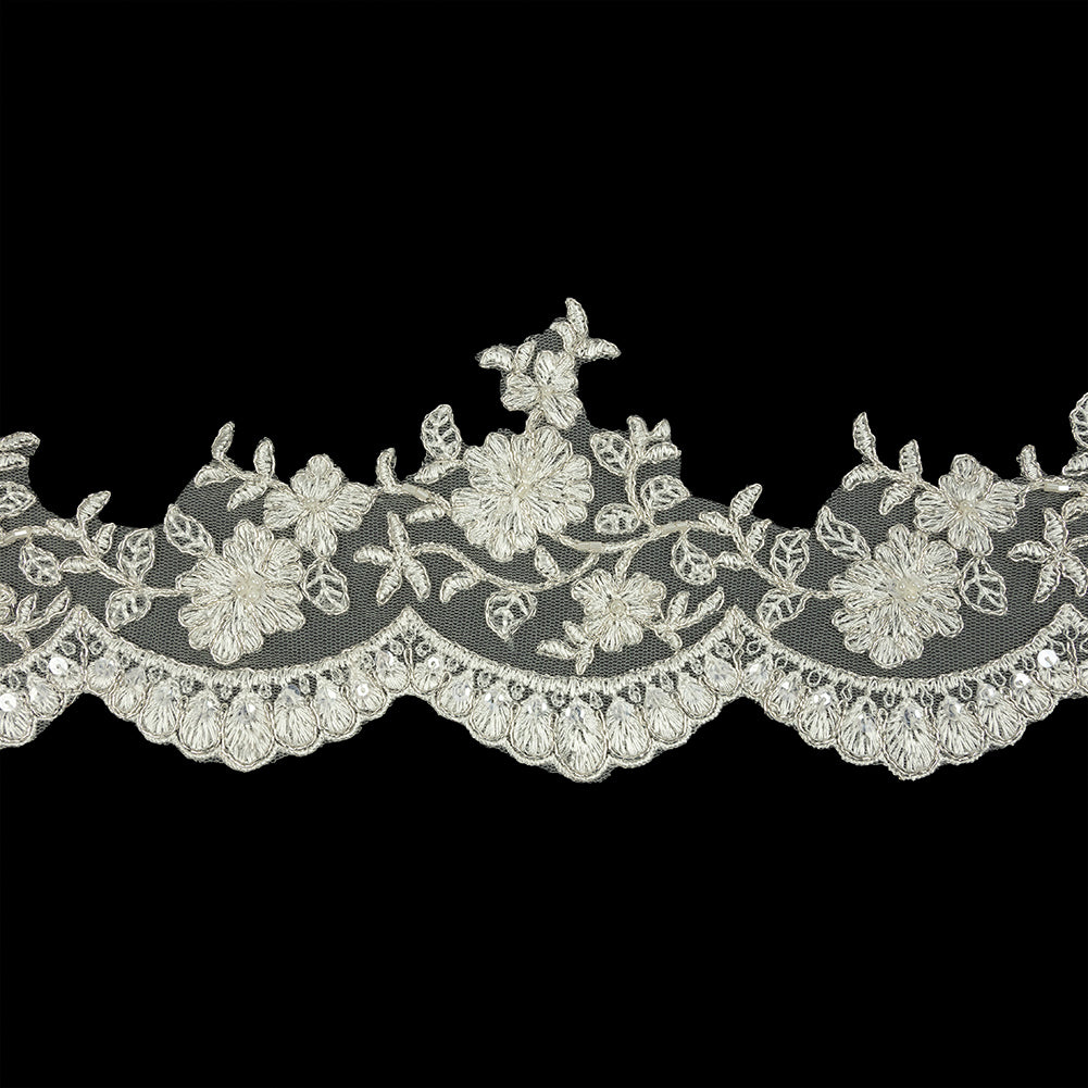 Off White and Metallic Silver Floral Sequins and Beaded Bridal Lace Trim with Scalloped Edge - 4.5" Off White and Metallic Silver Floral Sequins and Beaded Bridal Lace Trim with Scalloped Edge - 4.5"