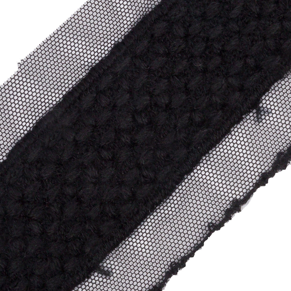 Black Little Circles Wool Embroidered Lace Trim on Mesh Ground - 1.375" Detail Black Little Circles Wool Embroidered Lace Trim on Mesh Ground - 1.375" Detail