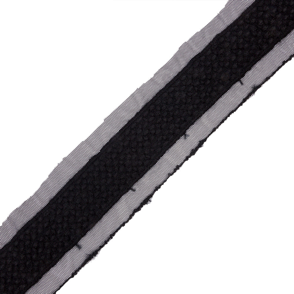 Black Little Circles Wool Embroidered Lace Trim on Mesh Ground - 1.375" Black Little Circles Wool Embroidered Lace Trim on Mesh Ground - 1.375"