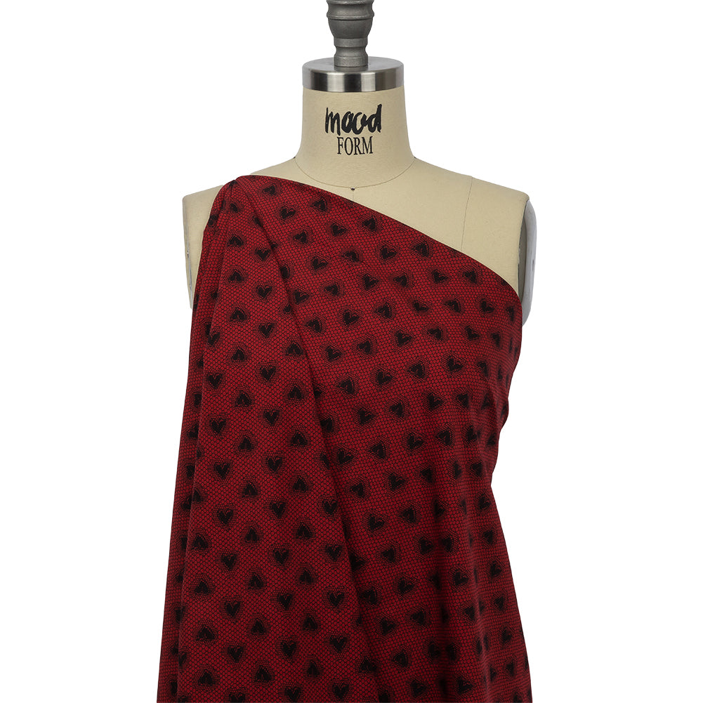 Italian Red and Black Lace Hearts Stretch Nylon Jersey Drape Italian Red and Black Lace Hearts Stretch Nylon Jersey Drape