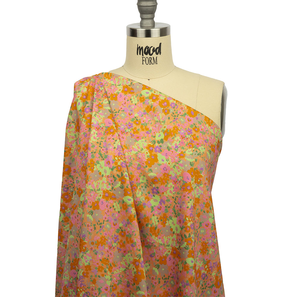 Stretch Cotton and Viscose Sateen Print - Pink and Orange Floral - Mood Exclusive Sunburst - Drape Stretch Cotton and Viscose Sateen Print - Pink and Orange Floral - Mood Exclusive Sunburst - Drape