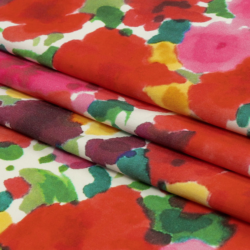 Stretch Cotton and Viscose Sateen Print - Red, Yellow and Green Painterly Floral - Mood Exclusive Spring Afternoon - Folded Stretch Cotton and Viscose Sateen Print - Red, Yellow and Green Painterly Floral - Mood Exclusive Spring Afternoon - Folded