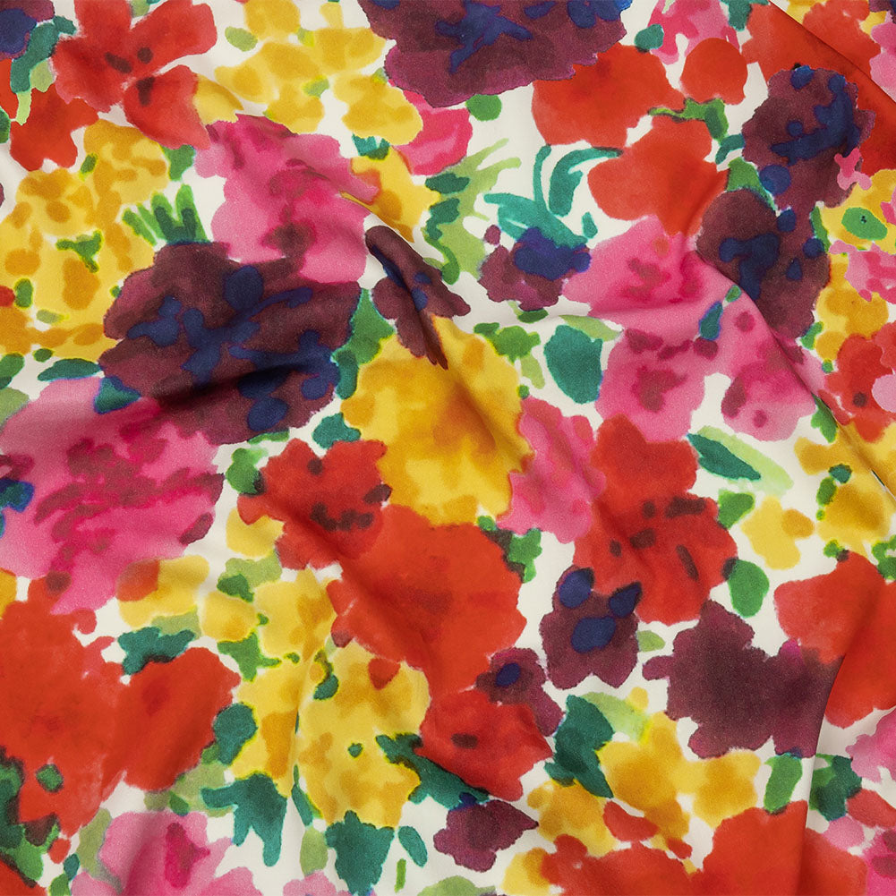 Stretch Cotton and Viscose Sateen Print - Red, Yellow and Green Painterly Floral - Mood Exclusive Spring Afternoon Stretch Cotton and Viscose Sateen Print - Red, Yellow and Green Painterly Floral - Mood Exclusive Spring Afternoon