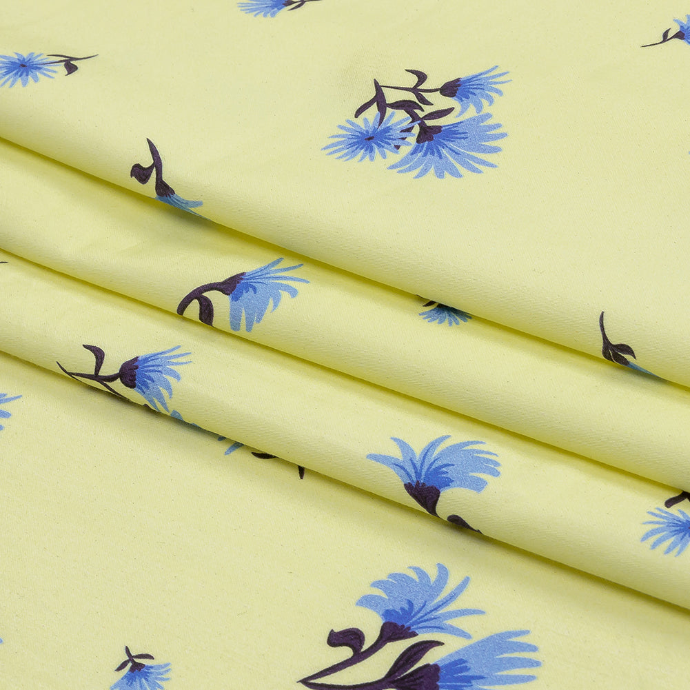 Stretch Cotton and Viscose Sateen Print - Pale Yellow and Blue Floral - Mood Exclusive Daisy Dance - Folded Stretch Cotton and Viscose Sateen Print - Pale Yellow and Blue Floral - Mood Exclusive Daisy Dance - Folded