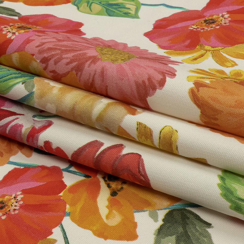 Stretch Cotton Canvas Print - White, Pink and Orange Floral - Mood Exclusive Garden Glory - Folded Stretch Cotton Canvas Print - White, Pink and Orange Floral - Mood Exclusive Garden Glory - Folded