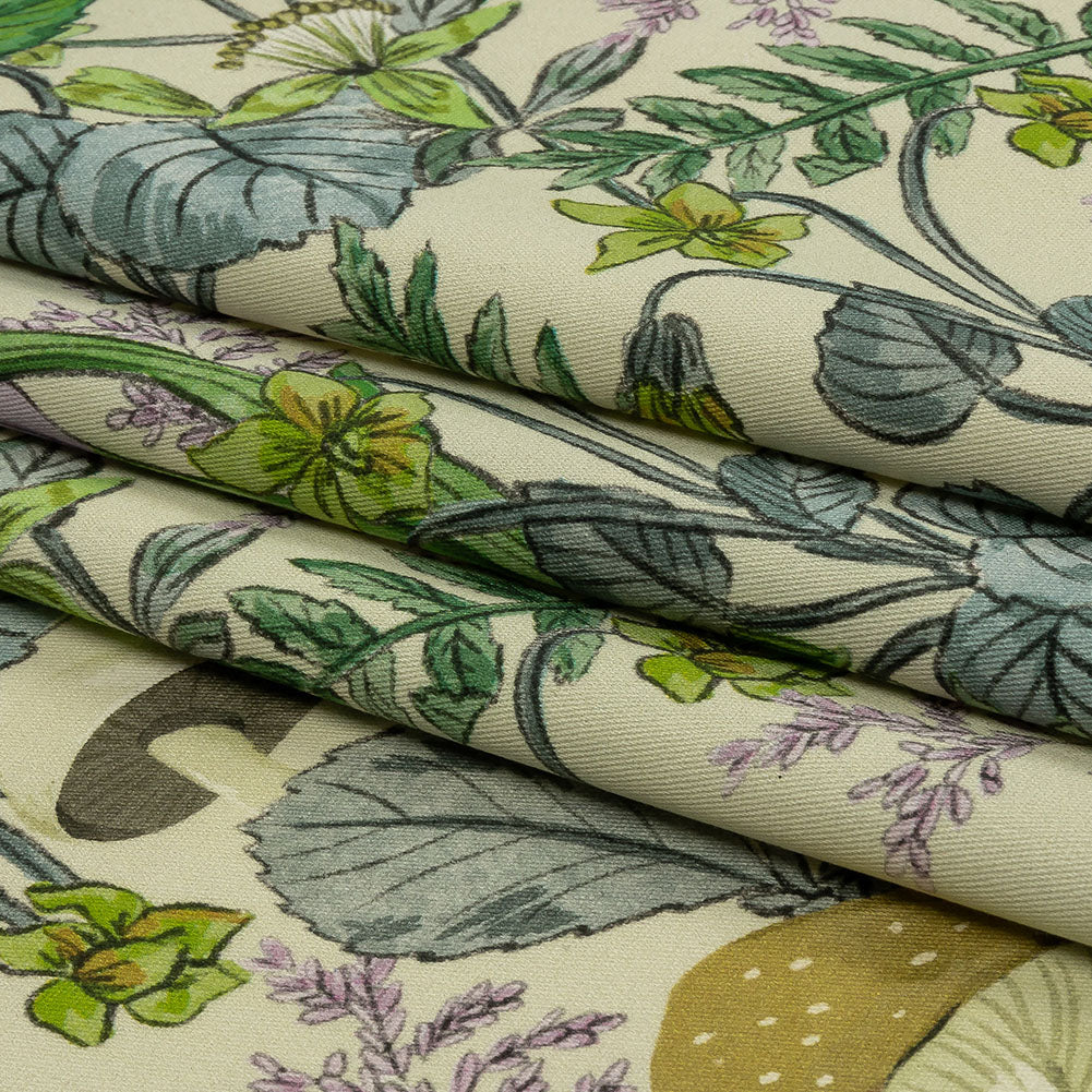 Stretch Cotton Twill Print - Cream. Green and Blue Mushrooms and Flowers - Mood Exclusive Mycelium Mystique - Folded Stretch Cotton Twill Print - Cream. Green and Blue Mushrooms and Flowers - Mood Exclusive Mycelium Mystique - Folded