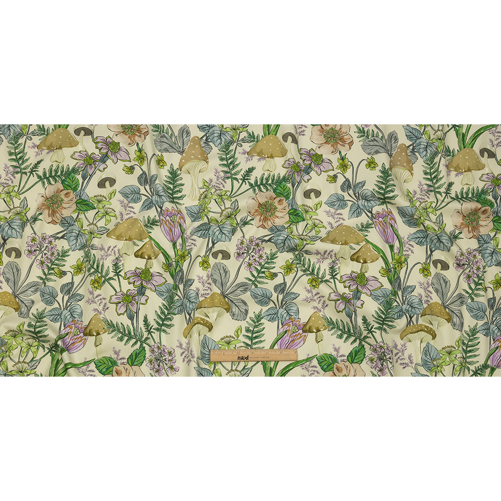 Stretch Cotton Twill Print - Cream. Green and Blue Mushrooms and Flowers - Mood Exclusive Mycelium Mystique - Full Stretch Cotton Twill Print - Cream. Green and Blue Mushrooms and Flowers - Mood Exclusive Mycelium Mystique - Full