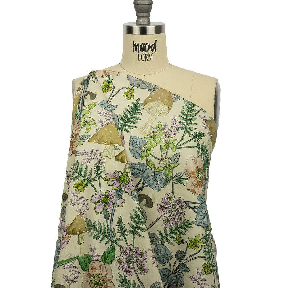 Stretch Cotton Twill Print - Cream. Green and Blue Mushrooms and Flowers - Mood Exclusive Mycelium Mystique - Drape Stretch Cotton Twill Print - Cream. Green and Blue Mushrooms and Flowers - Mood Exclusive Mycelium Mystique - Drape