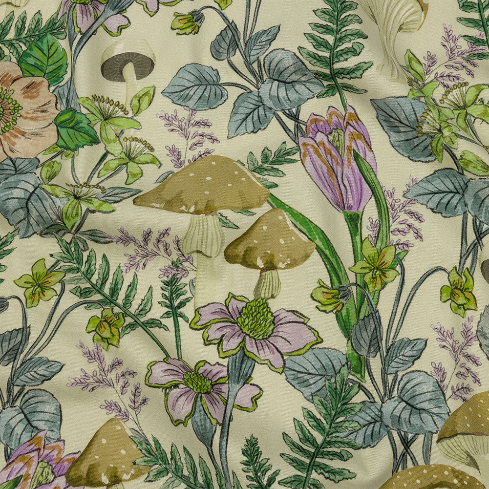 Stretch Cotton Twill Print - Cream. Green and Blue Mushrooms and Flowers - Mood Exclusive Mycelium Mystique Stretch Cotton Twill Print - Cream. Green and Blue Mushrooms and Flowers - Mood Exclusive Mycelium Mystique