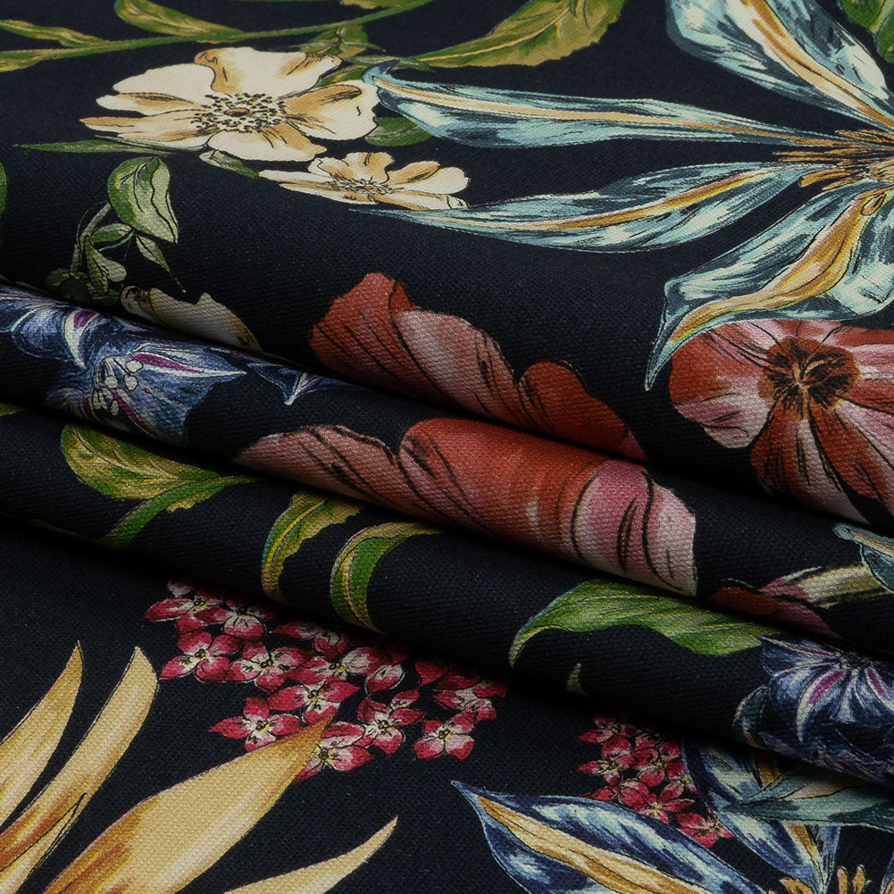 Stretch Cotton Canvas Print - Navy, Red, Yellow and Blue Floral - Mood Exclusive Lucid Dream - Folded Stretch Cotton Canvas Print - Navy, Red, Yellow and Blue Floral - Mood Exclusive Lucid Dream - Folded