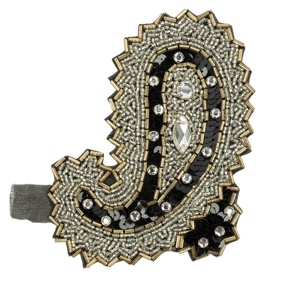 Vintage Black, Silver and Gold Right Paisley Beaded, Sequined and Rhinestone Applique - 5.25" x 3.75" Vintage Black, Silver and Gold Right Paisley Beaded, Sequined and Rhinestone Applique - 5.25" x 3.75"