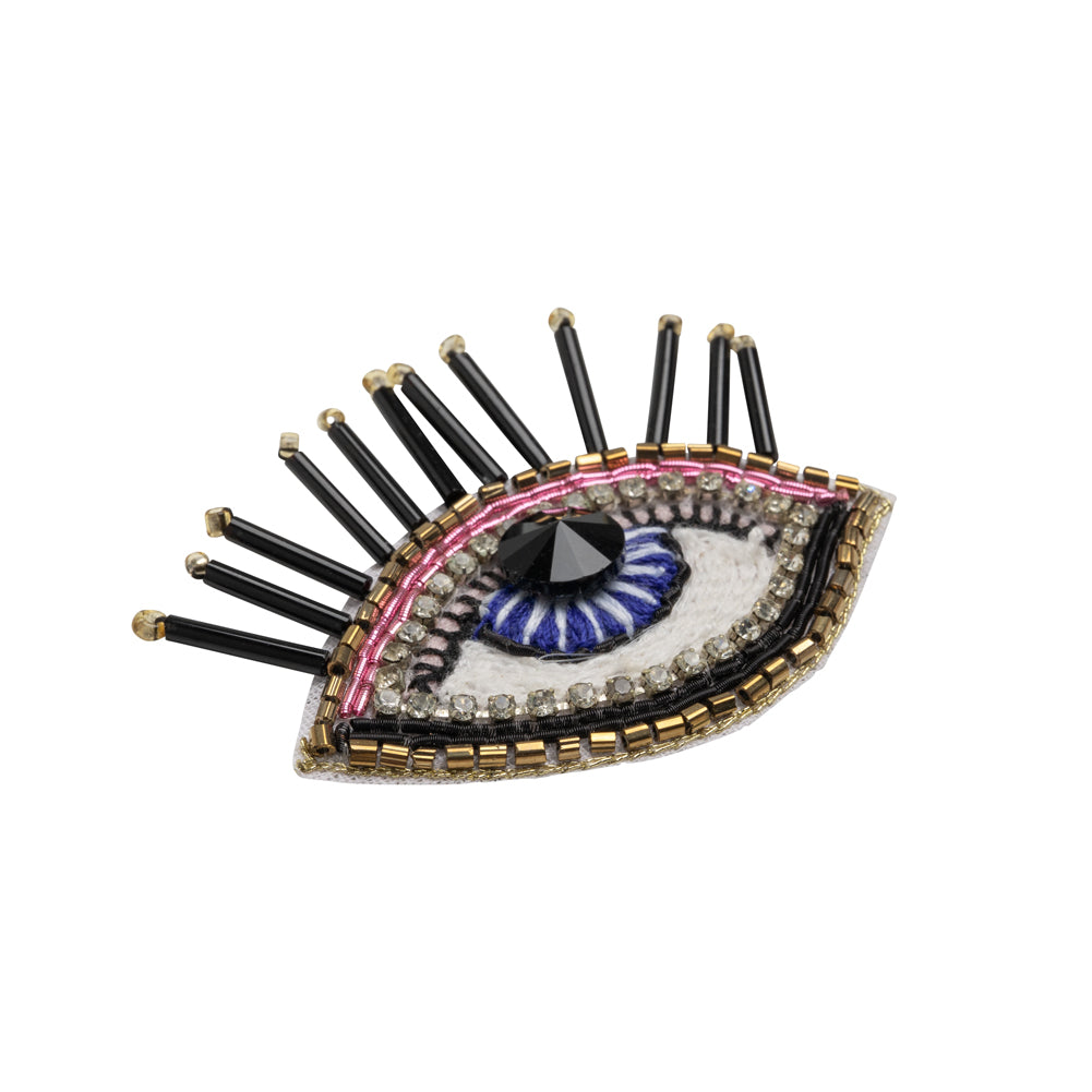 Gold, Pink and Blue Decorated Eye Embroidered Rhinestone and Glass Beaded Applique - 2" x 2.375" Folded Gold, Pink and Blue Decorated Eye Embroidered Rhinestone and Glass Beaded Applique - 2" x 2.375" Folded