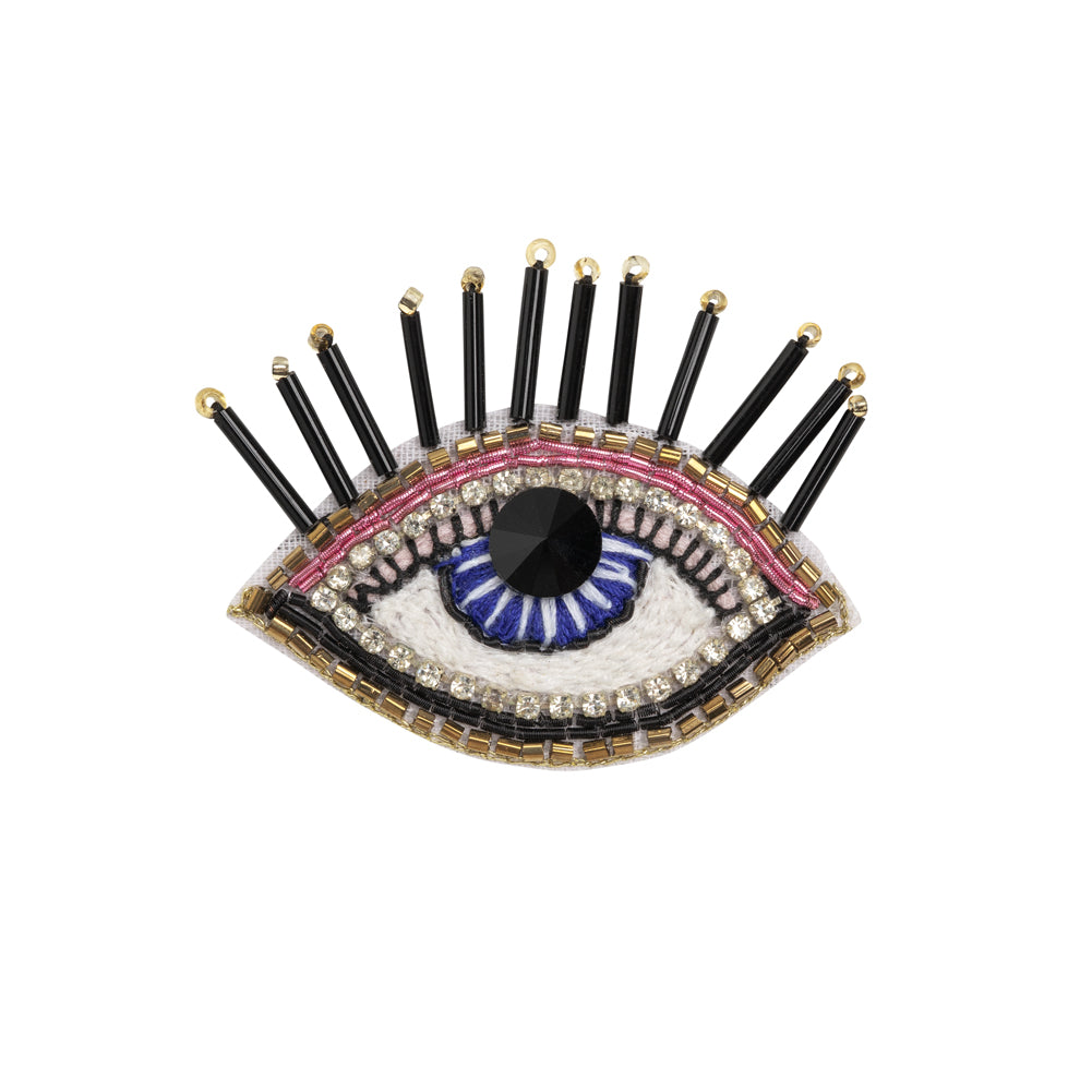 Gold, Pink and Blue Decorated Eye Embroidered Rhinestone and Glass Beaded Applique - 2" x 2.375" Gold, Pink and Blue Decorated Eye Embroidered Rhinestone and Glass Beaded Applique - 2" x 2.375"
