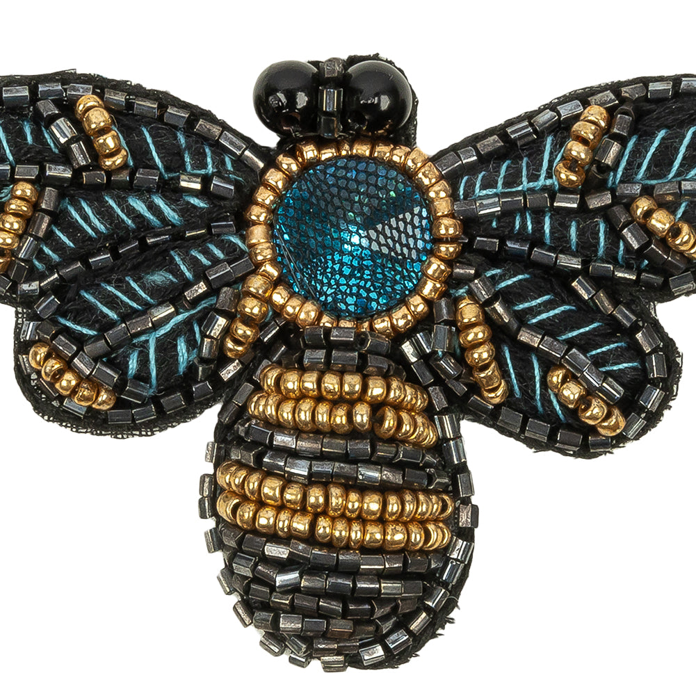 Black, Teal and Gold Fly Embroidered and Glass Beaded Applique - 1.875" x 3" Detail Black, Teal and Gold Fly Embroidered and Glass Beaded Applique - 1.875" x 3" Detail