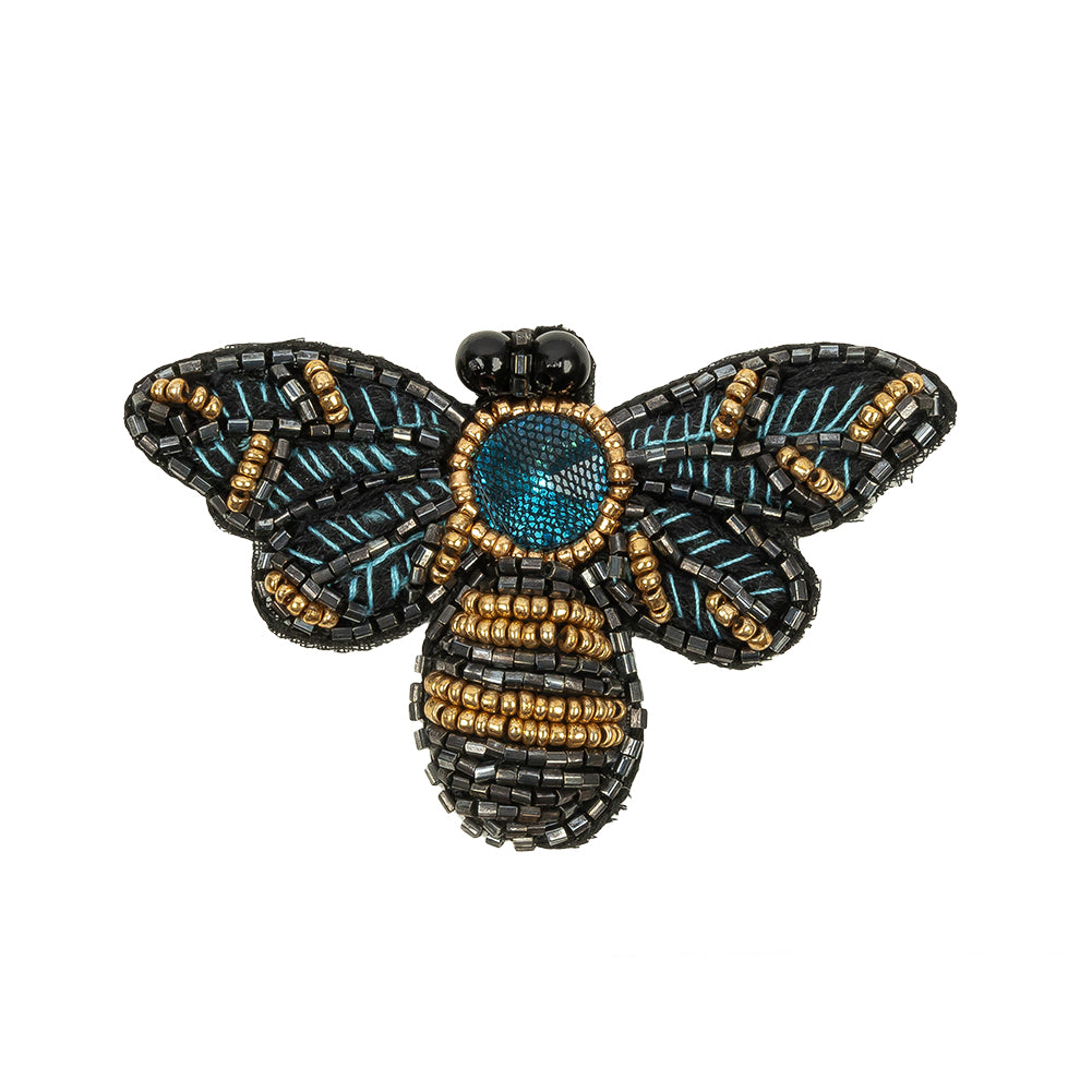 Black, Teal and Gold Fly Embroidered and Glass Beaded Applique - 1.875" x 3" Black, Teal and Gold Fly Embroidered and Glass Beaded Applique - 1.875" x 3"