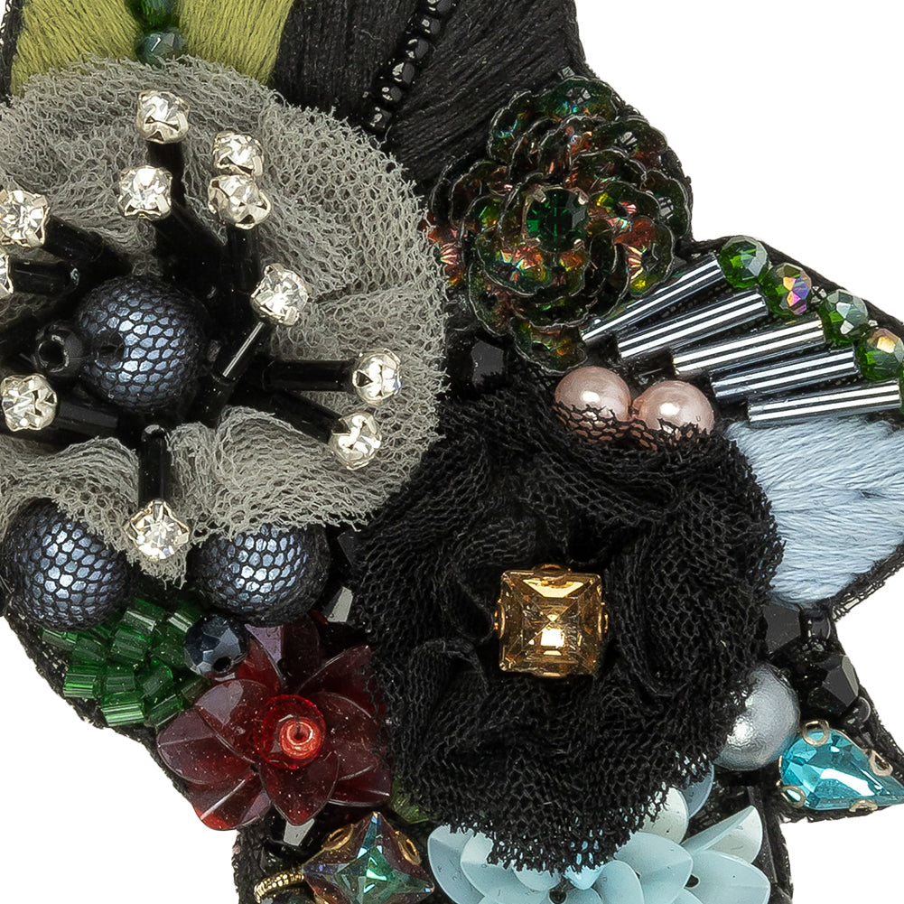 Blue, Gray and Green Fabric Flowers, Rhinestone and Glass Beaded Applique - 2.5" x 3.875" Detail Blue, Gray and Green Fabric Flowers, Rhinestone and Glass Beaded Applique - 2.5" x 3.875" Detail