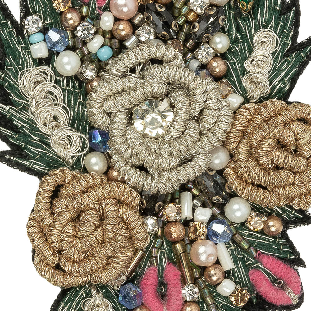 Black, Gold and Pink Rose Embroidered, Rhinestone and Glass Beaded Bouquet Applique - 3.875" x 2.5" Detail Black, Gold and Pink Rose Embroidered, Rhinestone and Glass Beaded Bouquet Applique - 3.875" x 2.5" Detail