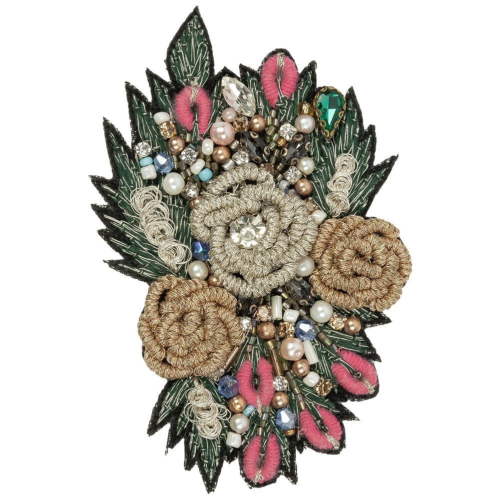 Black, Gold and Pink Rose Embroidered, Rhinestone and Glass Beaded Bouquet Applique - 3.875" x 2.5" Black, Gold and Pink Rose Embroidered, Rhinestone and Glass Beaded Bouquet Applique - 3.875" x 2.5"