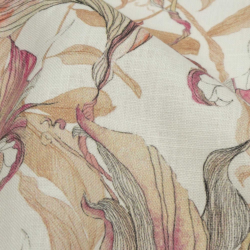 Beige and Pink Flowing Florals Medium Weight Linen Woven - Detail Beige and Pink Flowing Florals Medium Weight Linen Woven - Detail