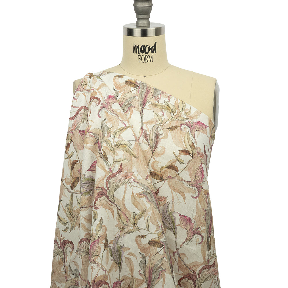 Beige and Pink Flowing Florals Medium Weight Linen Woven - Drape Beige and Pink Flowing Florals Medium Weight Linen Woven - Drape