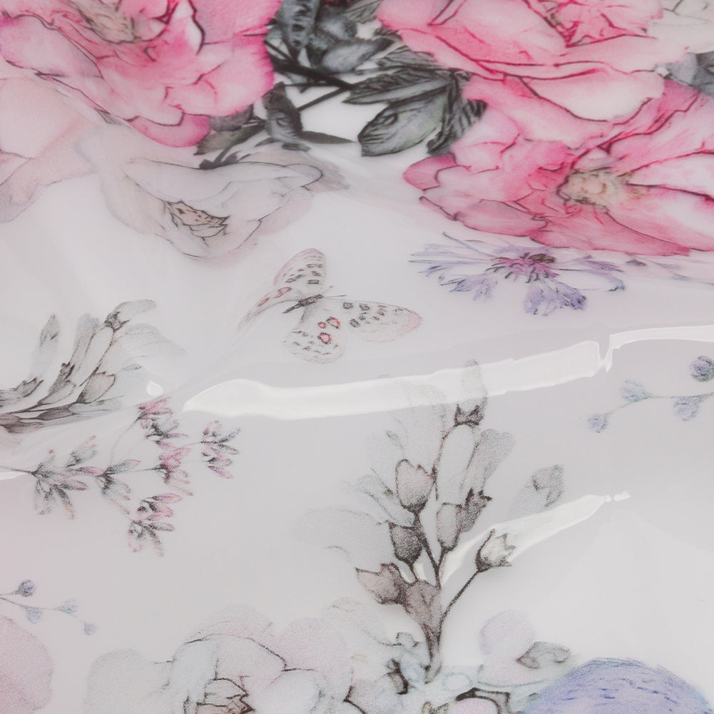 Pink, Blue and White Birds and Roses Lightweight Translucent Vinyl - Detail Pink, Blue and White Birds and Roses Lightweight Translucent Vinyl - Detail