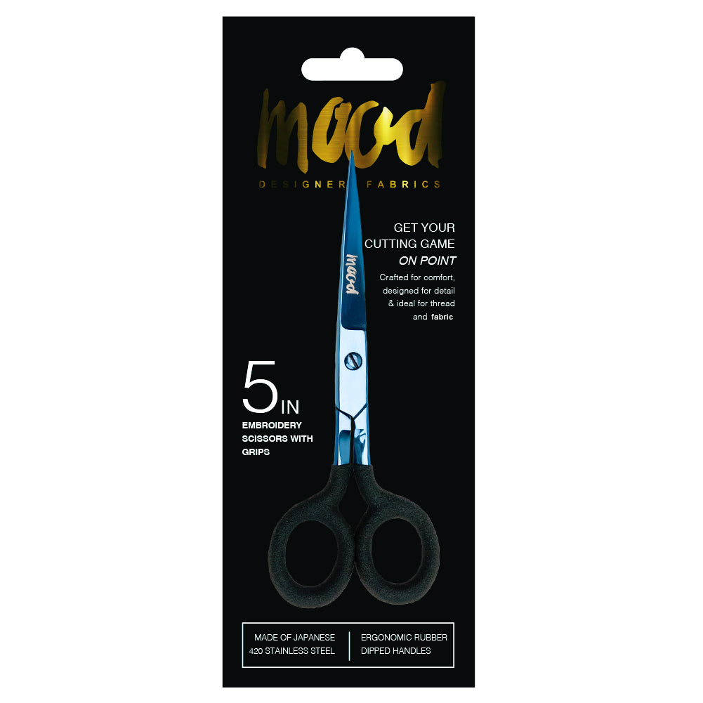Mood Metallic Blue Embroidery Scissors with Matte Rubber Grips - 5" - Detail Mood Metallic Blue Embroidery Scissors with Matte Rubber Grips - 5" - Detail