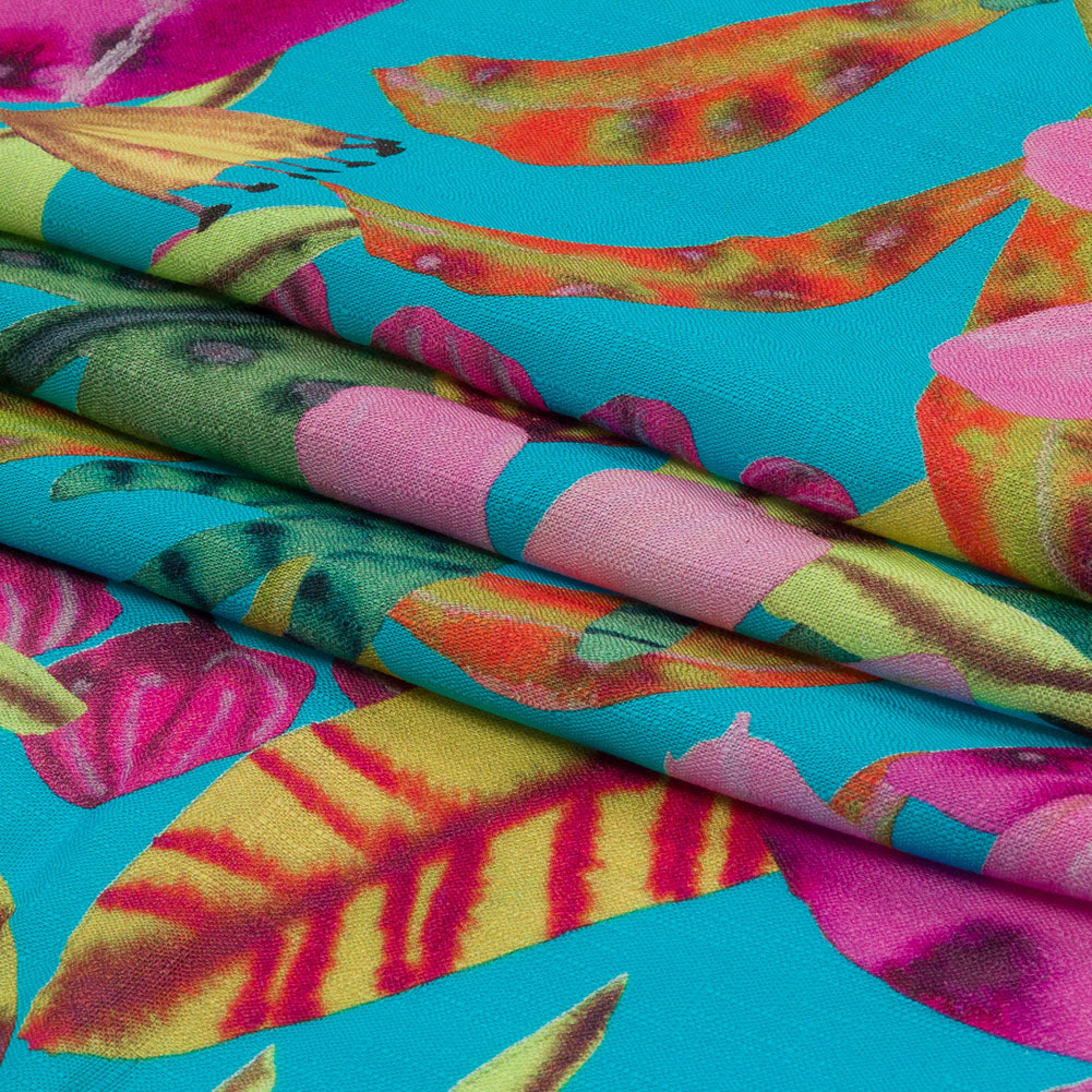 Slubbed Viscose Woven Print - Turquoise, Pink and Green Floral - Mood Exclusive Extraterrestrial Tropics - Folded Slubbed Viscose Woven Print - Turquoise, Pink and Green Floral - Mood Exclusive Extraterrestrial Tropics - Folded