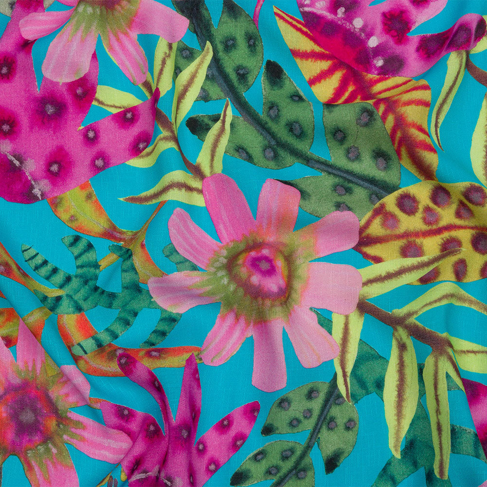 Slubbed Viscose Woven Print - Turquoise, Pink and Green Floral - Mood Exclusive Extraterrestrial Tropics Slubbed Viscose Woven Print - Turquoise, Pink and Green Floral - Mood Exclusive Extraterrestrial Tropics