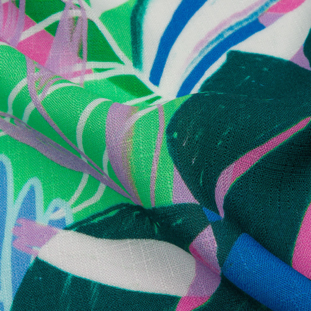 Slubbed Viscose Woven Print - Green and Blue Leaves - Mood Exclusive Tropical Tango - Detail Slubbed Viscose Woven Print - Green and Blue Leaves - Mood Exclusive Tropical Tango - Detail