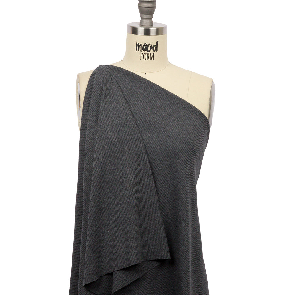Dark Heathered Gray Stretch Cotton and Modal 2x2 Rib Knit Drape Dark Heathered Gray Stretch Cotton and Modal 2x2 Rib Knit Drape