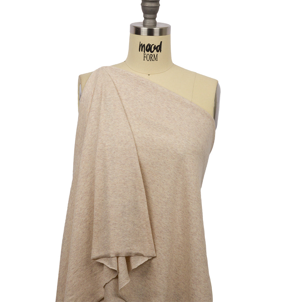 Heathered Beige Stretch Cotton and Rayon 2x2 Rib Knit Drape Heathered Beige Stretch Cotton and Rayon 2x2 Rib Knit Drape