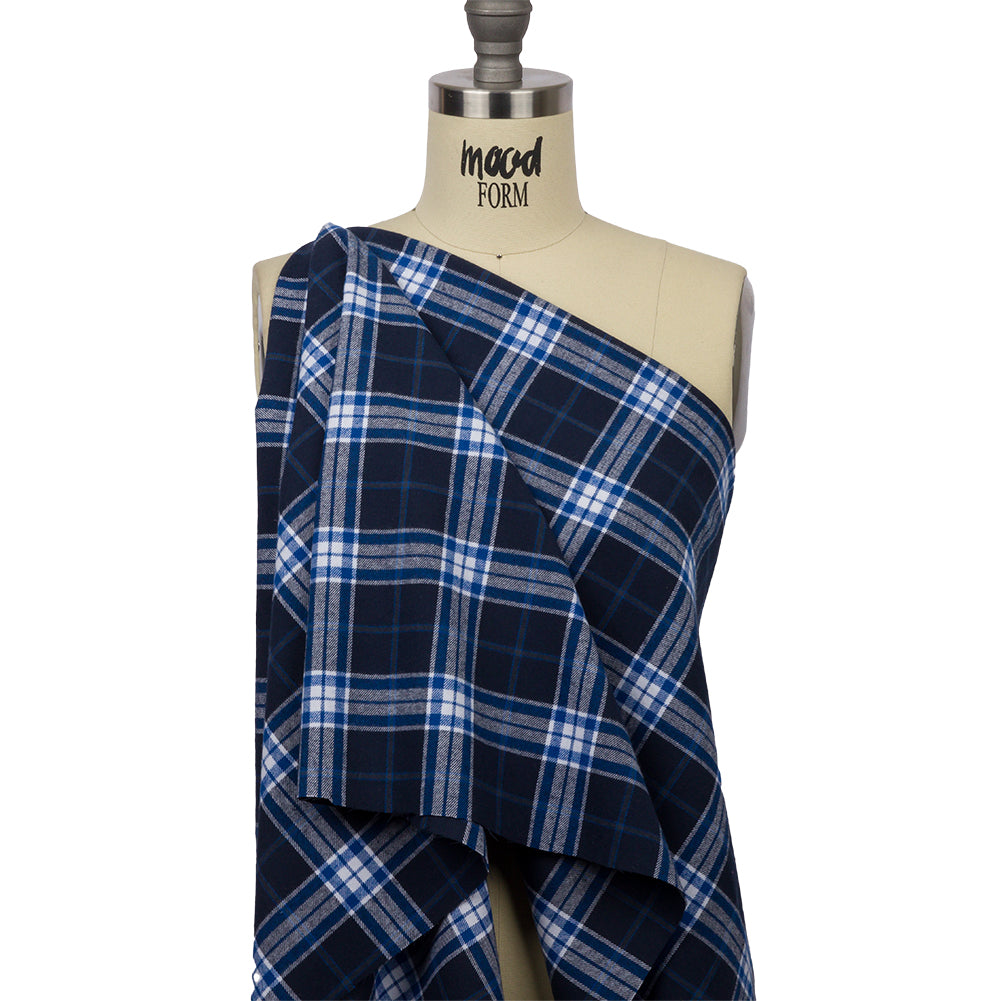 Navy, Cobalt, and White Plaid Cotton Flannel - Drape Navy, Cobalt, and White Plaid Cotton Flannel - Drape