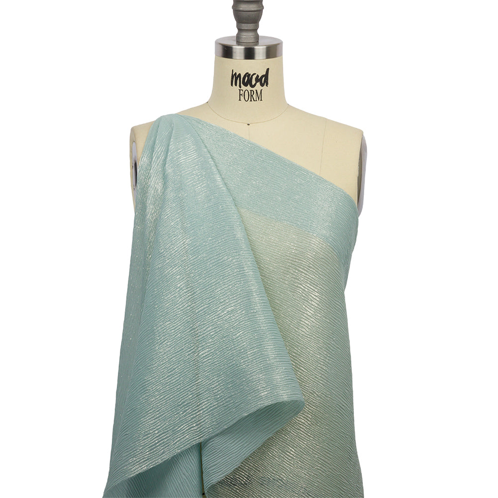 Polyester Chiffon Plisse with All-Over Foil - Baby Blue and Gold - Honey Collection - Drape Polyester Chiffon Plisse with All-Over Foil - Baby Blue and Gold - Honey Collection - Drape