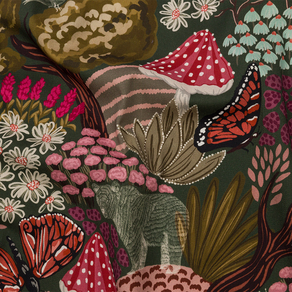 Stretch Cotton Twill Print - Red and Green Mushrooms and Flowers - Mood Exclusive Woodland Escape Stretch Cotton Twill Print - Red and Green Mushrooms and Flowers - Mood Exclusive Woodland Escape