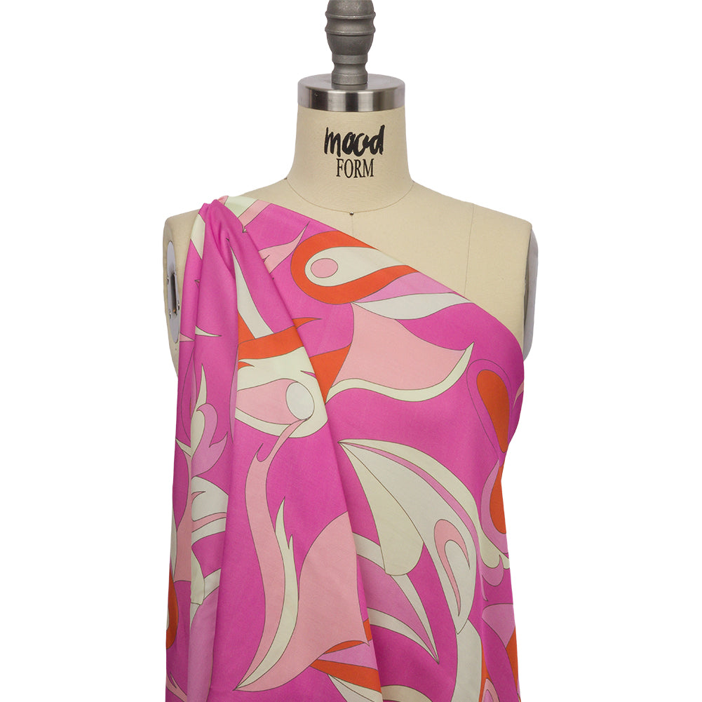 Sustainable and Recycled Viscose Satin Print - Hot Pink, Red-Orange and White Abstract - Mood Exclusive Free Falling Drape Sustainable and Recycled Viscose Satin Print - Hot Pink, Red-Orange and White Abstract - Mood Exclusive Free Falling Drape