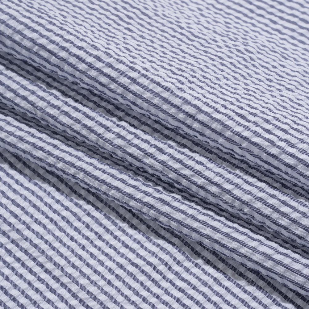 Polyester and Cotton Seersucker - Dark Blue and White Candy Stripes - Wylie Collection - Folded Polyester and Cotton Seersucker - Dark Blue and White Candy Stripes - Wylie Collection - Folded