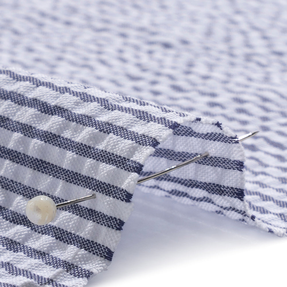 Polyester and Cotton Seersucker - Dark Blue and White Candy Stripes - Wylie Collection - Detail Polyester and Cotton Seersucker - Dark Blue and White Candy Stripes - Wylie Collection - Detail