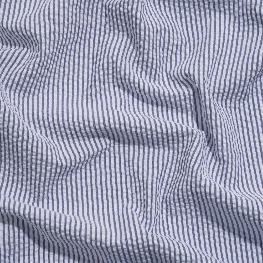 Polyester and Cotton Seersucker - Dark Blue and White Candy Stripes - Wylie Collection Polyester and Cotton Seersucker - Dark Blue and White Candy Stripes - Wylie Collection