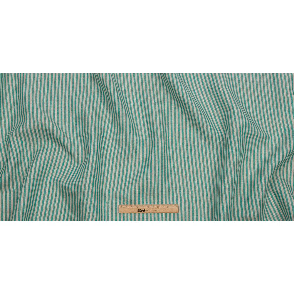 Turquoise and Oatmeal Striped Medium Weight Linen Woven - Full Turquoise and Oatmeal Striped Medium Weight Linen Woven - Full