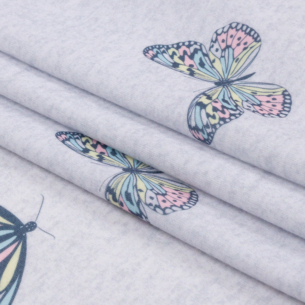 Heathered Gray, Pink and Blue Butterflies Recycled Polyester Interlock Knit Folded Heathered Gray, Pink and Blue Butterflies Recycled Polyester Interlock Knit Folded