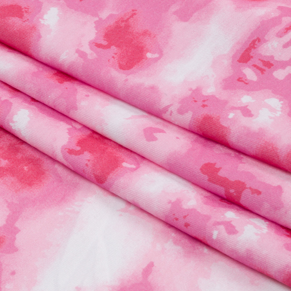 Red, Pink and White Tie Dye Recycled Polyester Interlock Knit Folded Red, Pink and White Tie Dye Recycled Polyester Interlock Knit Folded