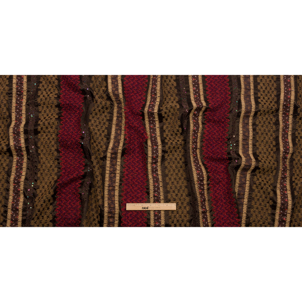 Brown, Beige and Red Wool Boucle Embroidered Polyester Satin with Sequins and Floral Applique Stripes Full Brown, Beige and Red Wool Boucle Embroidered Polyester Satin with Sequins and Floral Applique Stripes Full
