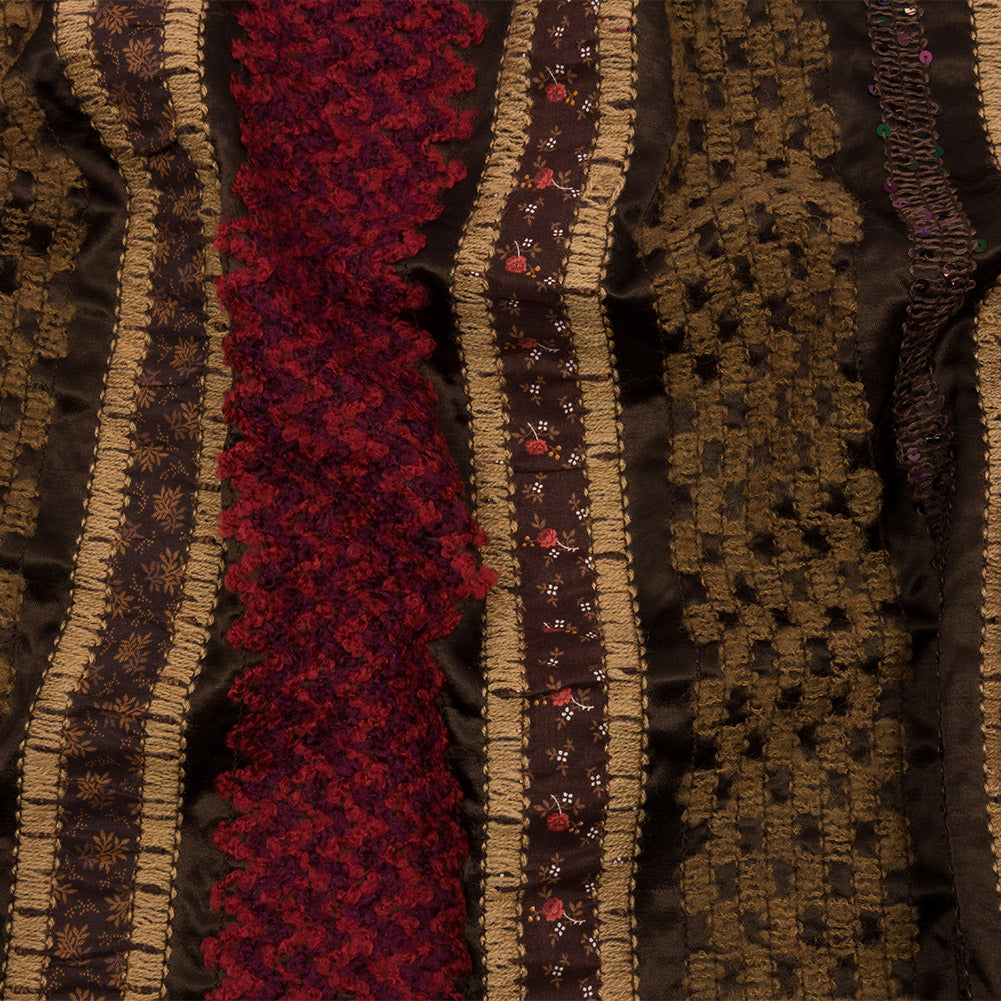 Brown, Beige and Red Wool Boucle Embroidered Polyester Satin with Sequins and Floral Applique Stripes Brown, Beige and Red Wool Boucle Embroidered Polyester Satin with Sequins and Floral Applique Stripes
