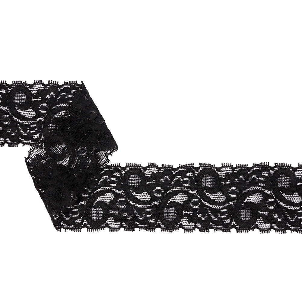 Famous NYC Designer Black Swirls and Leaves Stretch Lace Trim - 1.75" Famous NYC Designer Black Swirls and Leaves Stretch Lace Trim - 1.75"