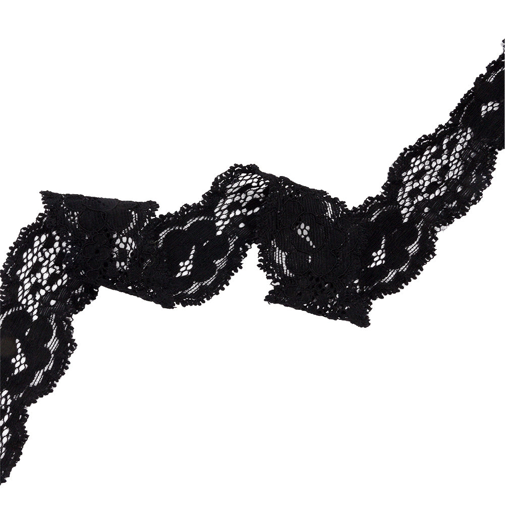 Black Floral and Scalloped Stretch Corded Lace Trim - 1.25" Black Floral and Scalloped Stretch Corded Lace Trim - 1.25"