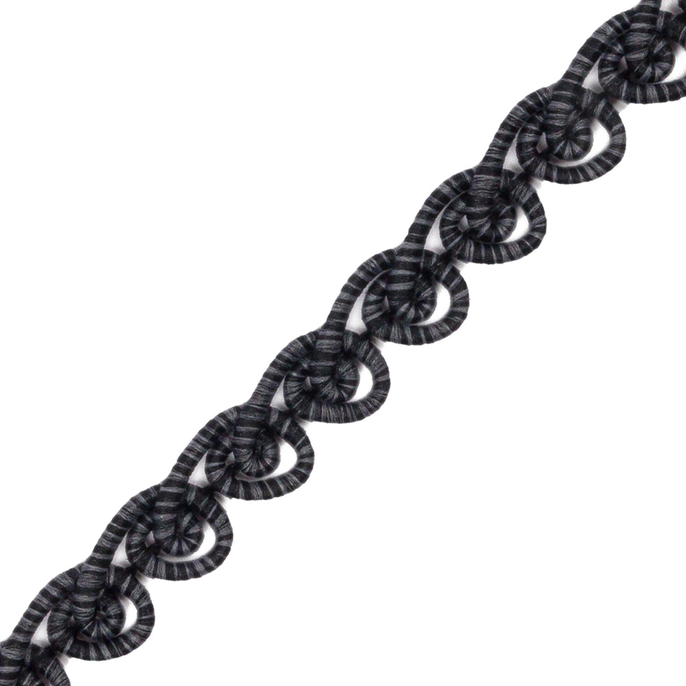 Famous NYC Designer Black and Gray Striped Swirls Gimp Braided Trim - 0.375" Detail Famous NYC Designer Black and Gray Striped Swirls Gimp Braided Trim - 0.375" Detail